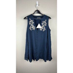 Lost + Wander, Small, Navy Sleeveless Blouse With Floral Embroidery And Buttons